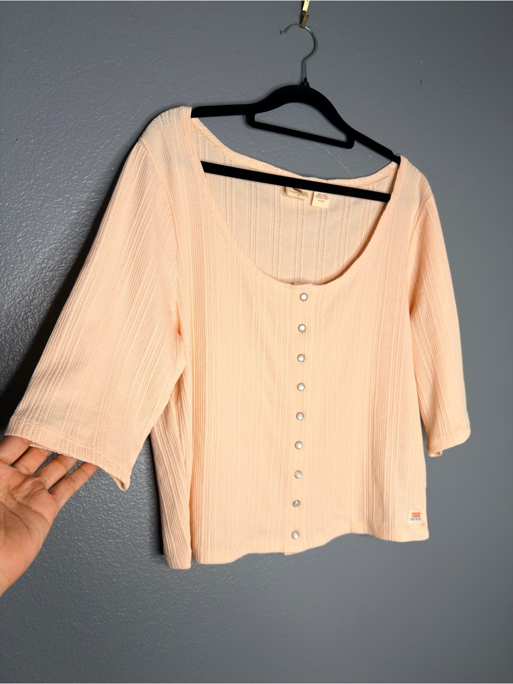 Levi's Peach Pink Button-Front Ribbed Scoop Neck Top Snap Button Baby Tee XL